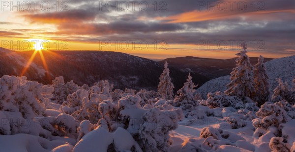 Sunrise in winter in the Karkonosze Mountains. Karkonosze National Park, Poland, Europe