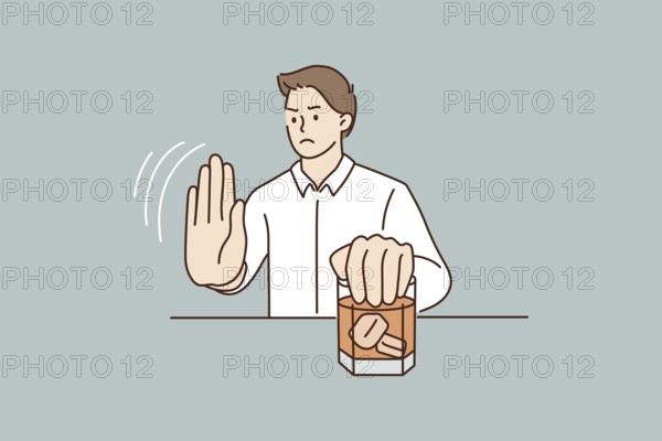 Young man refuse drinking alcohol. Decisive male make hand gesture sign say stop no to alcoholic
