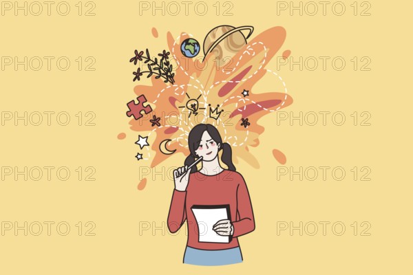 Young woman hold paper think or visualize ideas, brainstorm contemplating. Millennial girl student