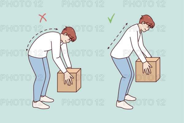 Correct technique of lifting heavy packages. Man lift box wrong and right. Back health safety