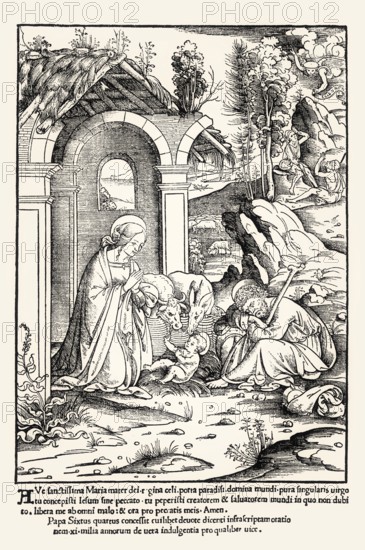 The Adoration of Child Jesus by Virgin Mary, Italian woodcut, 16th century