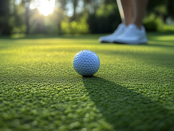 Close-up of a golf ball on a green lawn in sunlight, AI generated