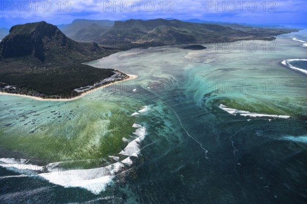 Underwater waterfall, optical illusion, natural phenomenon, aerial view, reef, coral reef, fringing