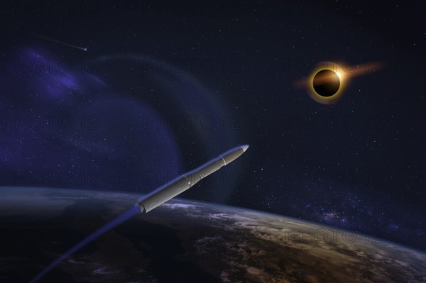 Hypersonic missile or rocket over the apocalyptic Earth during a solar eclipse. A comet runs in the