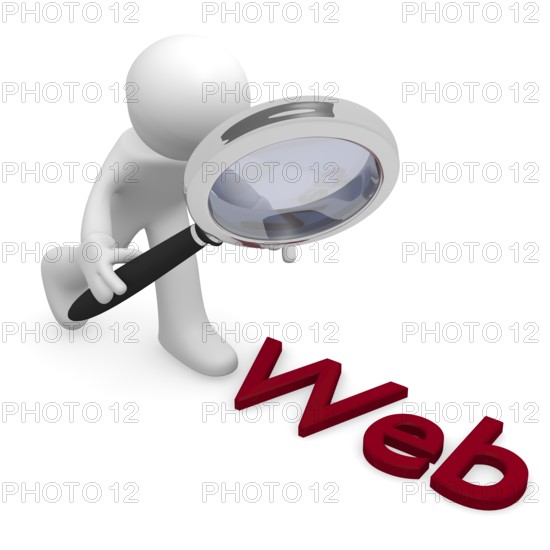 3d man with a magnifying glass searching the web