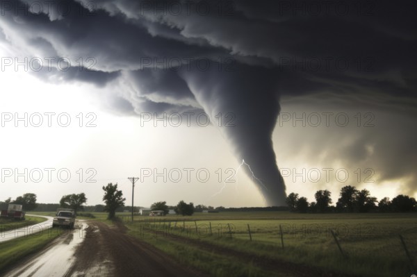 A tornado moves with great destructive force over agricultural land, car on road, natural disaster,