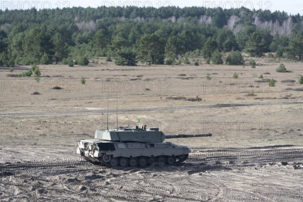 A Leopard 1 tank drives through a sandy landscape with pine forests in the background, Germany,