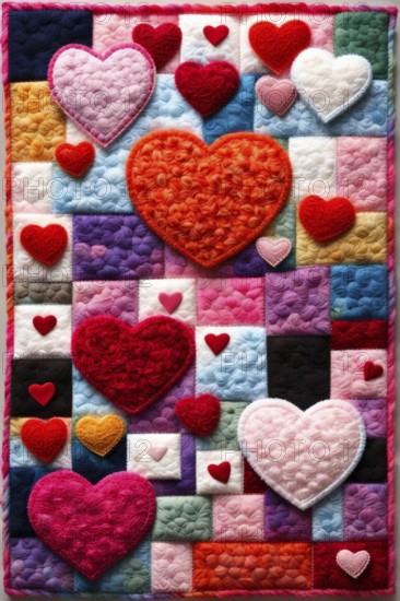 A handmade, cozy patchwork quilt of colorful hearts with various textures suggesting warmth and