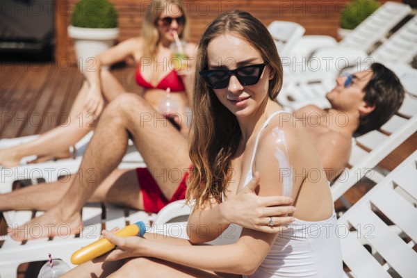Woman putting sunscreen her arm