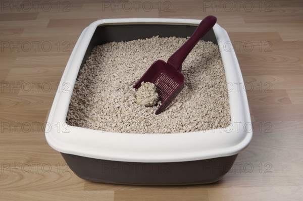 cat litter box with biodegradable pine wood chips