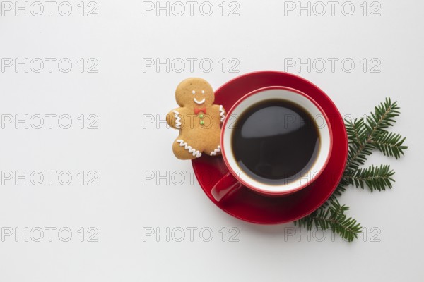 Top view coffee with gingerbread man