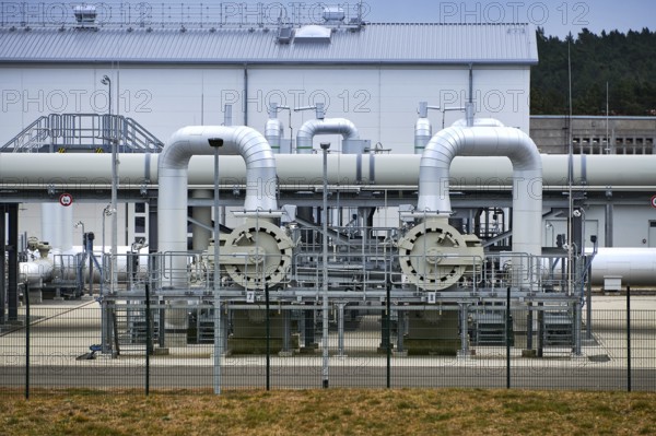 Germany, 3 April 2022: Gas pipes, connections, equipment and pressure reducers at the landfall site