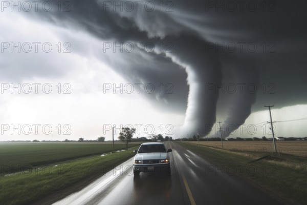 A tornado moves with great destructive force over agricultural land, car on road, natural disaster,