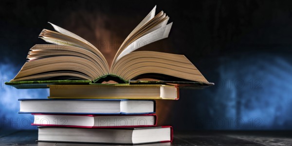 A composition with an open book lying on a stack of other books