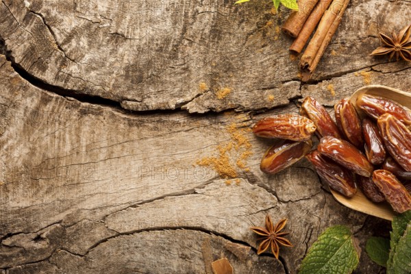 Top view dates cinnamon sticks