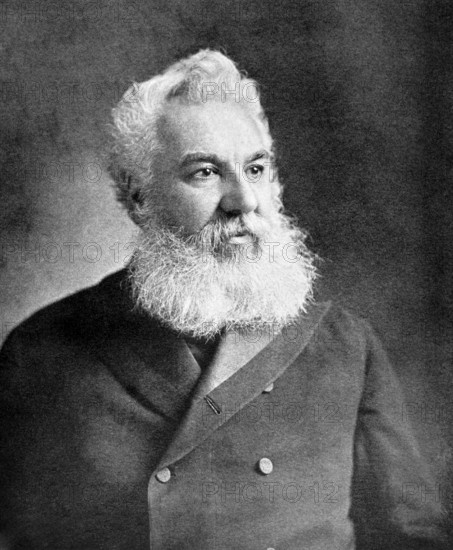 Alexander Graham Bell (1847-1922) on antique print from 1899. Scientist, inventor, engineer and