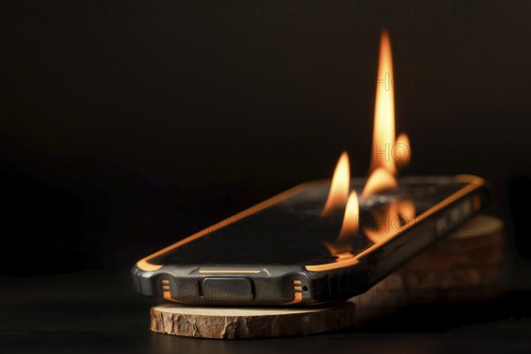 Burning smartphone on wooden discs isolated on black background with copy space