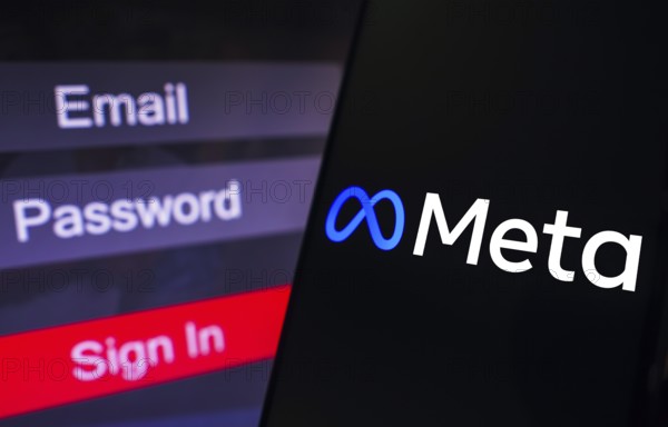 In this photo illustration, the Meta Platforms logo is displayed on a smartphone screen, next to a
