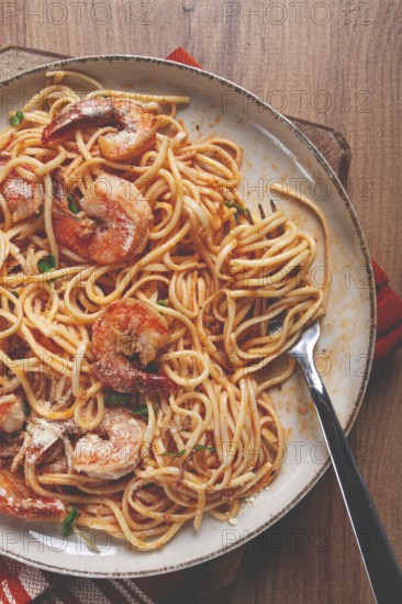 Food, Spaghetti with tiger prawns, in tomato sauce, homemade, top view, no people