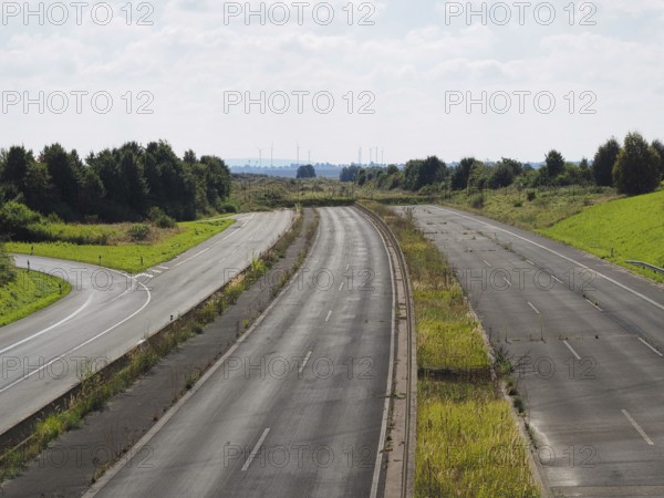 End of a motorway at the edge of the Garzweiler open-cast lignite mine, Rhenish lignite mining