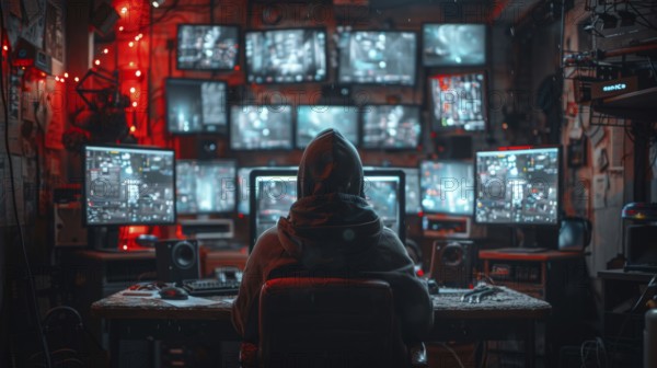 Hacker in dark hoodie facing multiple computer screens in his den, AI Generated, AI generated