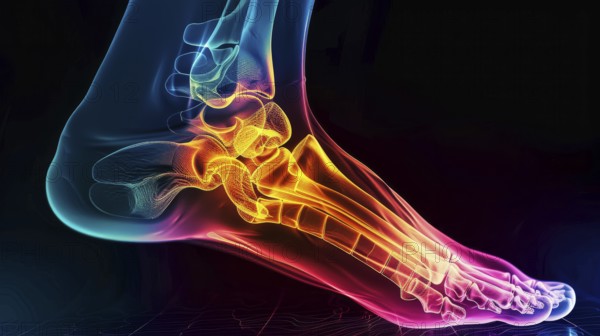A colorful neon digital visualization of a foot's bones in glowing pink, orange, and blue colors,