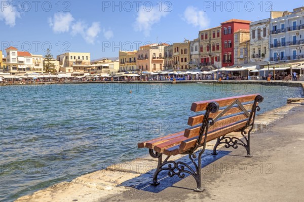 Venetian harbour, bench, Chania, Crete, bench, park bench, Greece, Europe