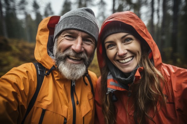 Older couple with grey hair in mackintosh standing happily in open nature, Nordic landscape and