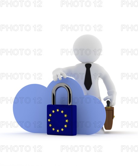 Small businessman character with cloud icon and EU Padlock, GDPR concept, 3d rendering