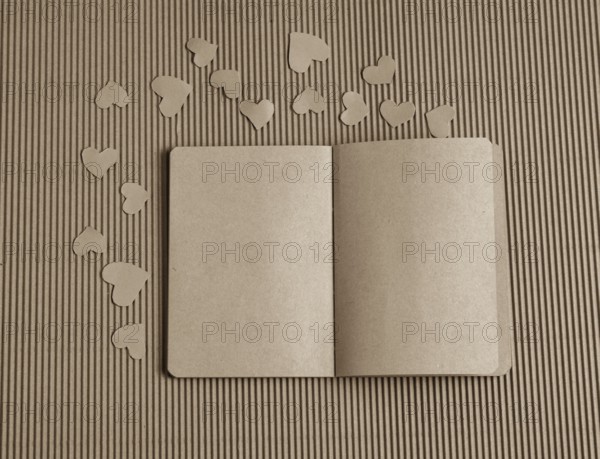 Paper hearts around notebook on cardboard