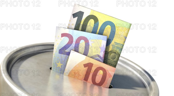 Donation box with euro banknotes. Isolated donation box with Euro banknotes