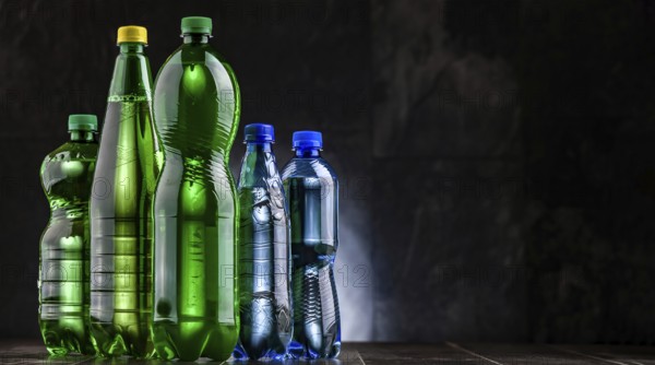 Plastic bottles of assorted carbonated soft drinks