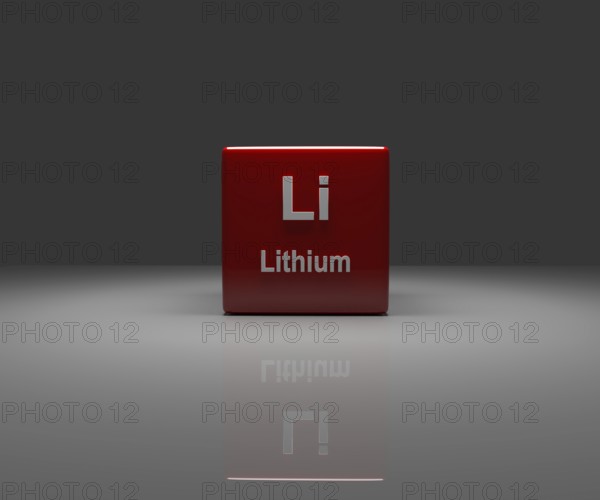 Red Cube with Li Lithium periodic system, 3d rendering