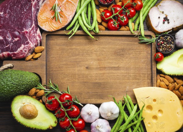 Wooden cutting board and ketogenic low carbs ingredients for healthy weight loss diet, top view,