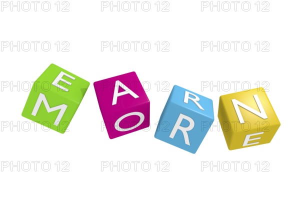 Colorful dies with the words Earn more, 3d rendering on a white background