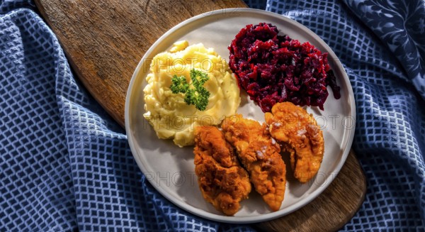 Breaded chicken cutlets served with potatoes and beetroot