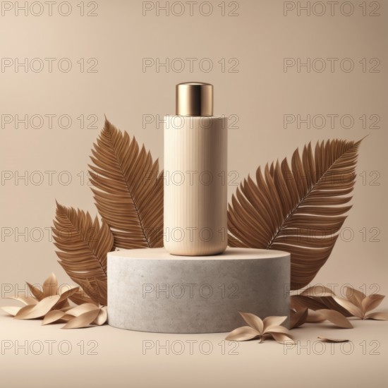 Beige bottle on a round podium, accented by golden dried leaves in a minimalist and neutral-toned