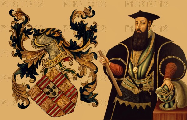 Coat of arms and portrait of Vasco da Gama, c. 1460s – 1524, Portuguese explorer, digitally edited