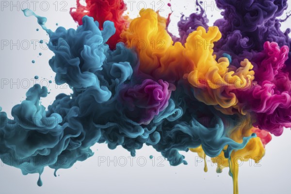 Dynamic abstract fluid art with colorful paint splashes in bright yellow, purple, and blue hues, AI