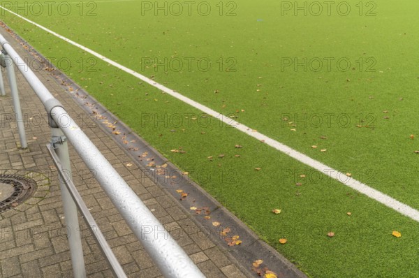 Showing the white line marking the edge of the field, autumn leaves are gathering along the