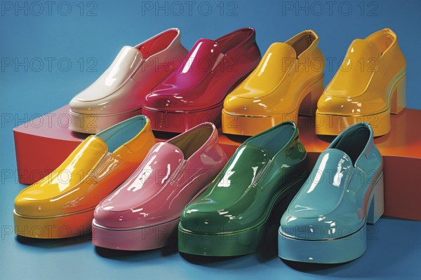 Collection of glossy retro platform shoes in vibrant colors, AI generated