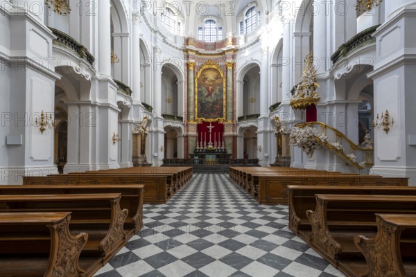 Interior view of St Trinitatis Cathedral, altar, nave, Dresden, Free State of Saxony, Germany,