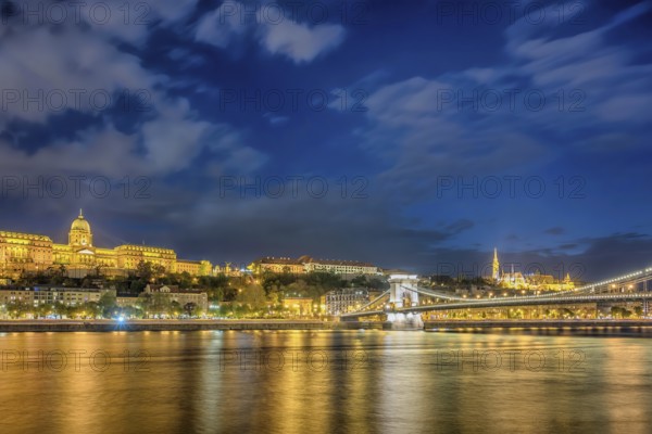 Budapest Hungary, city skyline night at Buda Castle Chain Bridge and Danube River