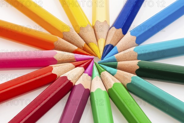 Many different coloured pencils, arranged in a circle, cut-outs, coloured pencils, studio