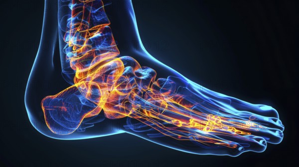 A glowing neon digital image of a foot's bones in blue and orange colors, representing a futuristic