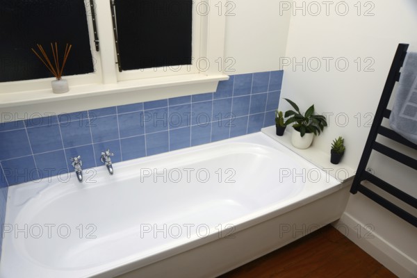 Interior of a retro bathroom with a bathtub and toilet