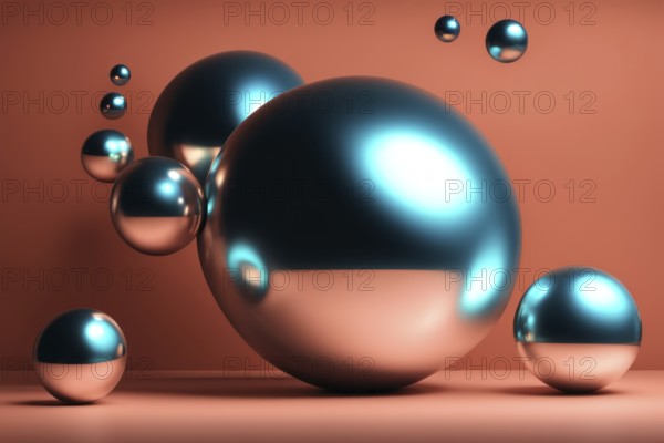 Metallic blue spheres floating in an abstract composition with a neon glow, AI generated