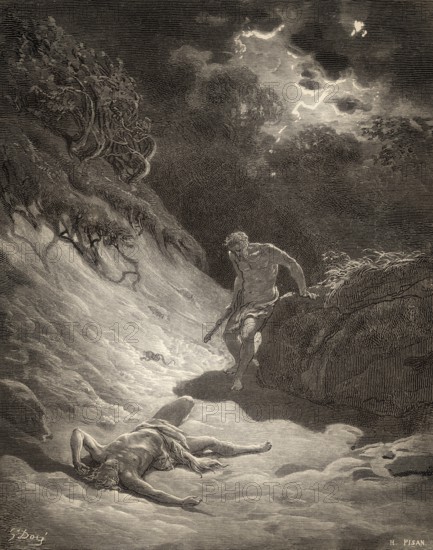 Cain slays Abel, Old Testament, woodcut by Gustave Doré
