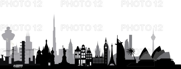 World skyline with architecture from around the globe as the big ben in london, the opera house