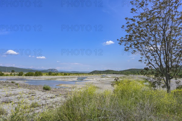 Dried up riverbed of the Pinios near Kalambaka in Thessaly, Greece, low water after heat and